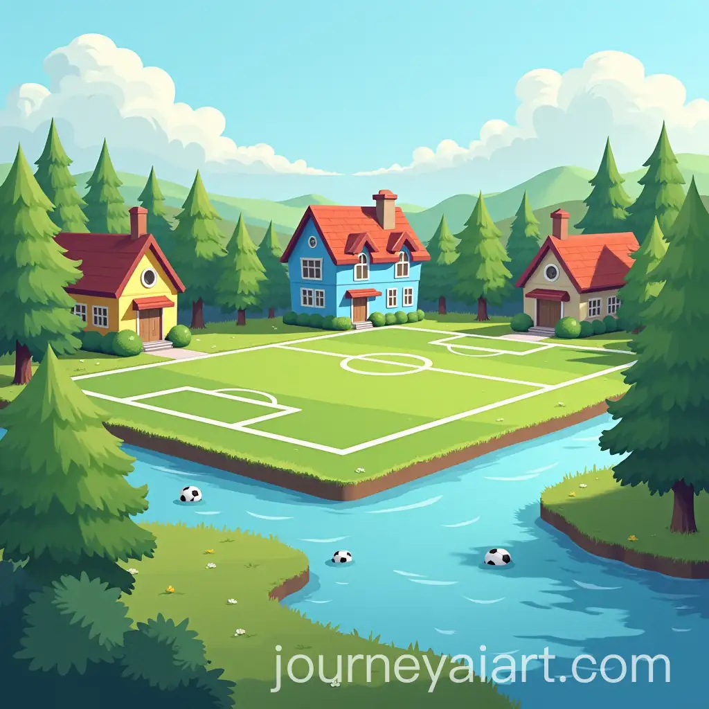 Neighborhood-with-Soccer-Field-Lake-and-Blue-House