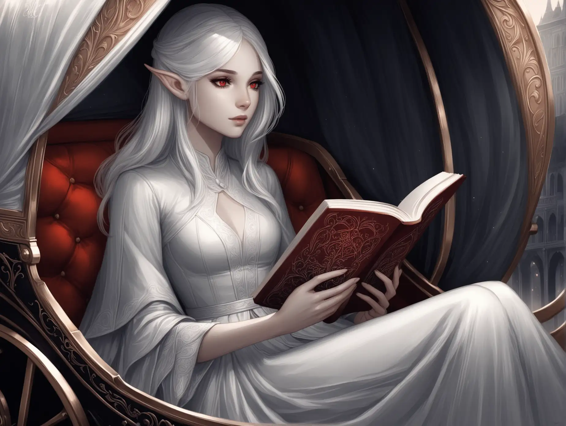 Elf-with-White-Hair-and-Red-Eyes-Reading-in-Carriage-Fantasy-Art