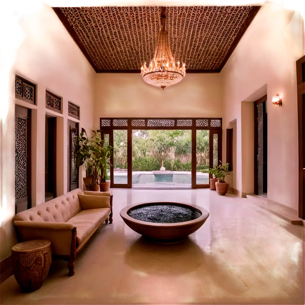 Reception Lobby A modern reinterpretation of a Rajasthani courtyard with natural light, jaalis, and a water feature.