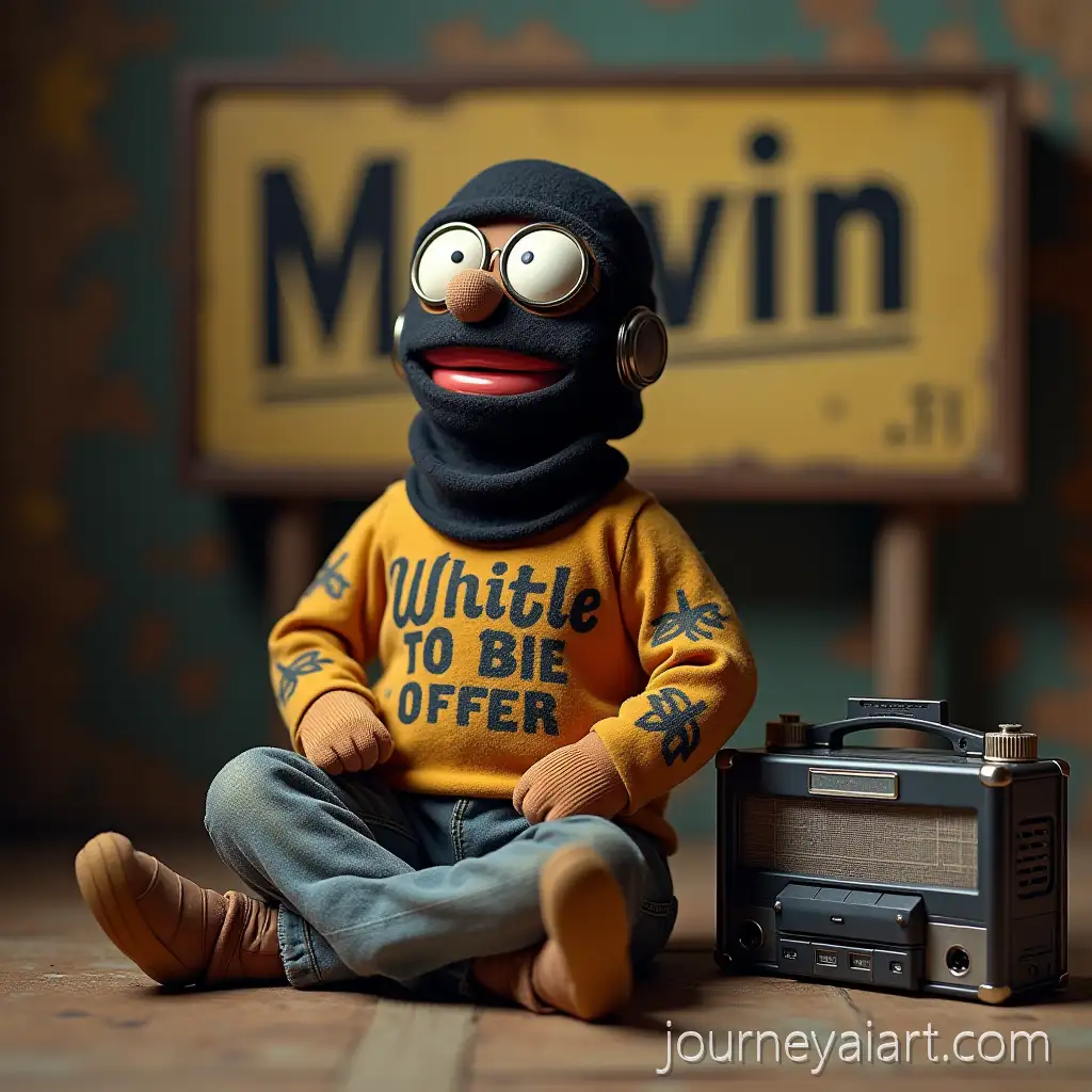 Tattooed-Puppet-with-BalTattooed-puppet-with-accessoriesaclava-and-Futuristic-Accessories-in-Retro-Setting