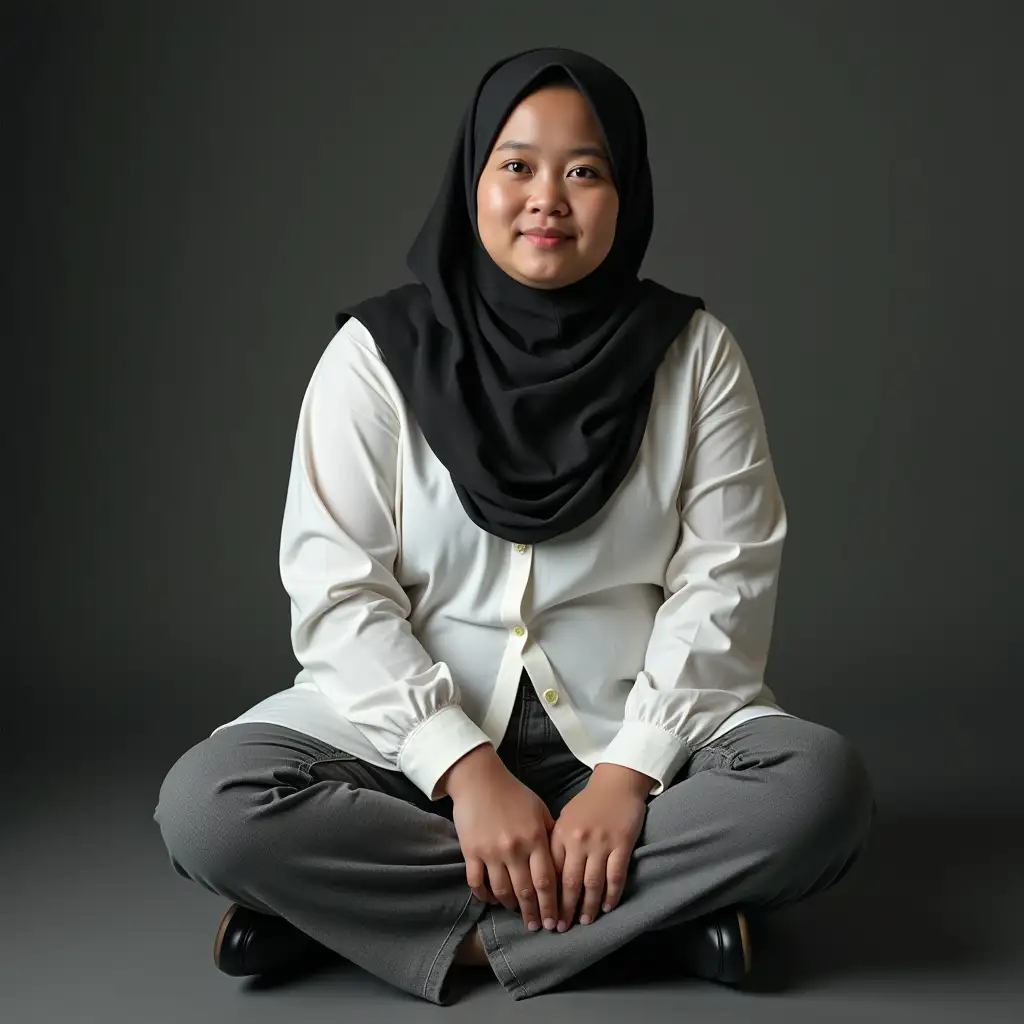 Indonesian-Woman-with-Hijab-in-White-Shirt-and-Black-Shoes-Sitting-in-Realistic-HD-Photo