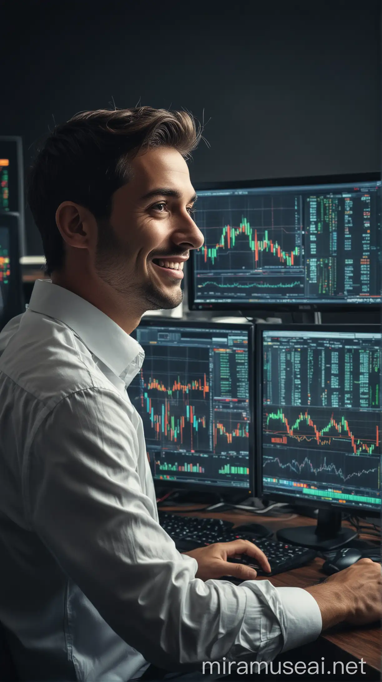 Happy Stock Market Trader at Computer Desk with Trading Icons