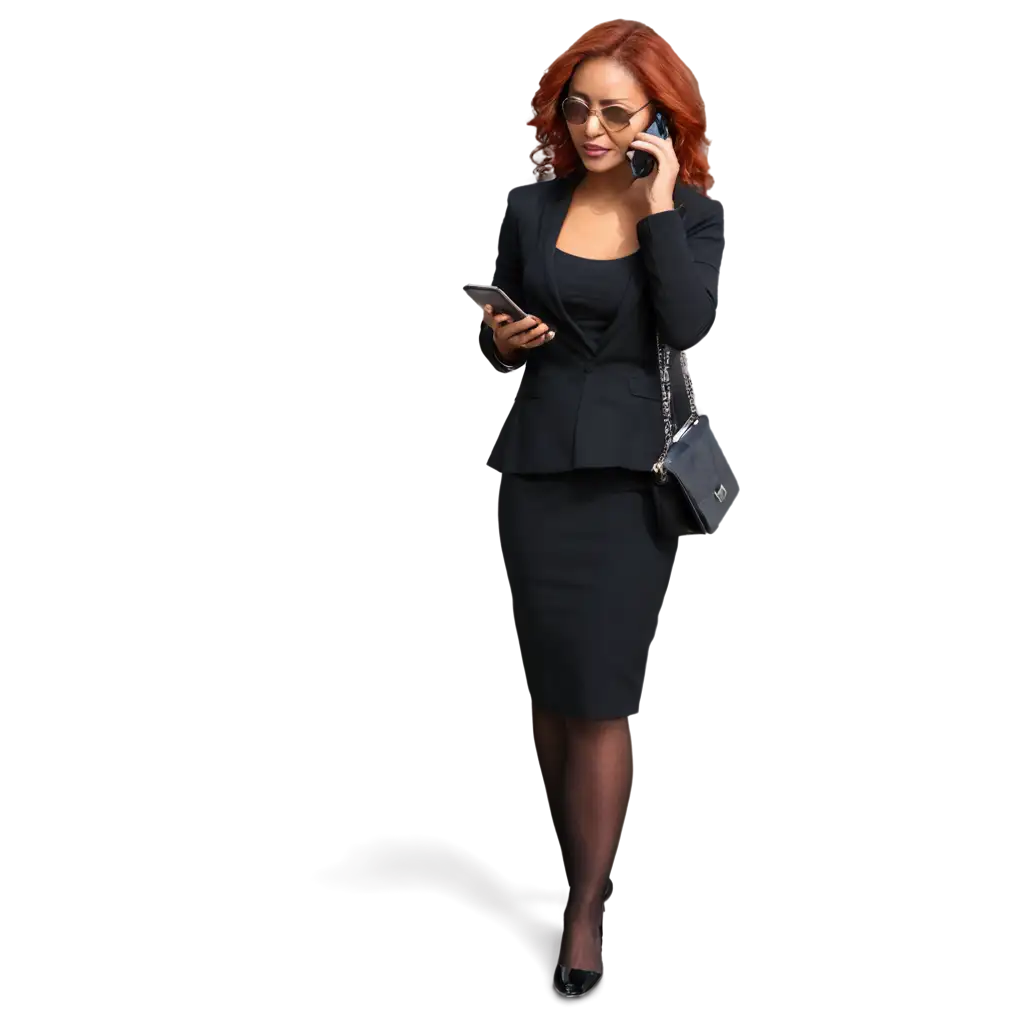 Empowered-Adult-Woman-Entrepreneur-with-Red-Hair-Using-Cellphone-PNG-Image