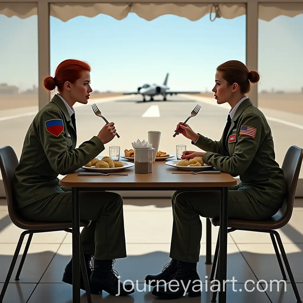 Military-Female-Pilots-Dining-in-Camp-Tent-at-Airfield-Eating-Dumplings-with-Sour-Cream