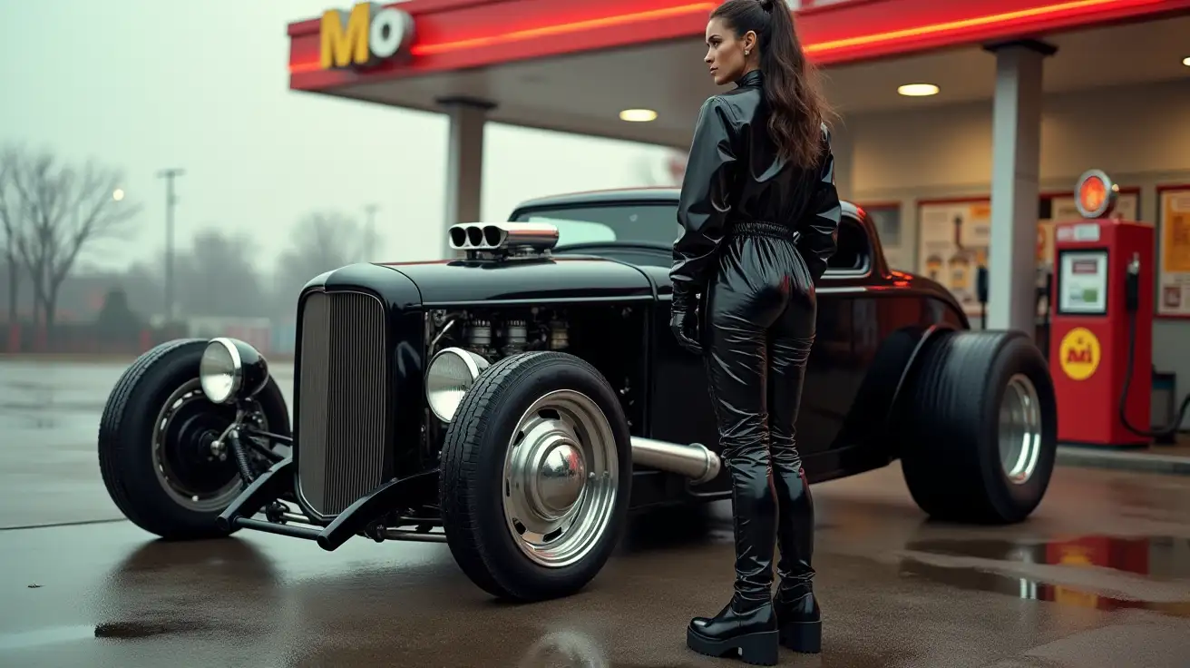 realistic photo , woman standing ford 32 hot rod , wearing black shinny pvc jumpsuit , black shinny pvc raincoat , wearing black shinny pvc thigh high boots , shinny pvc long gloves , outside gas station