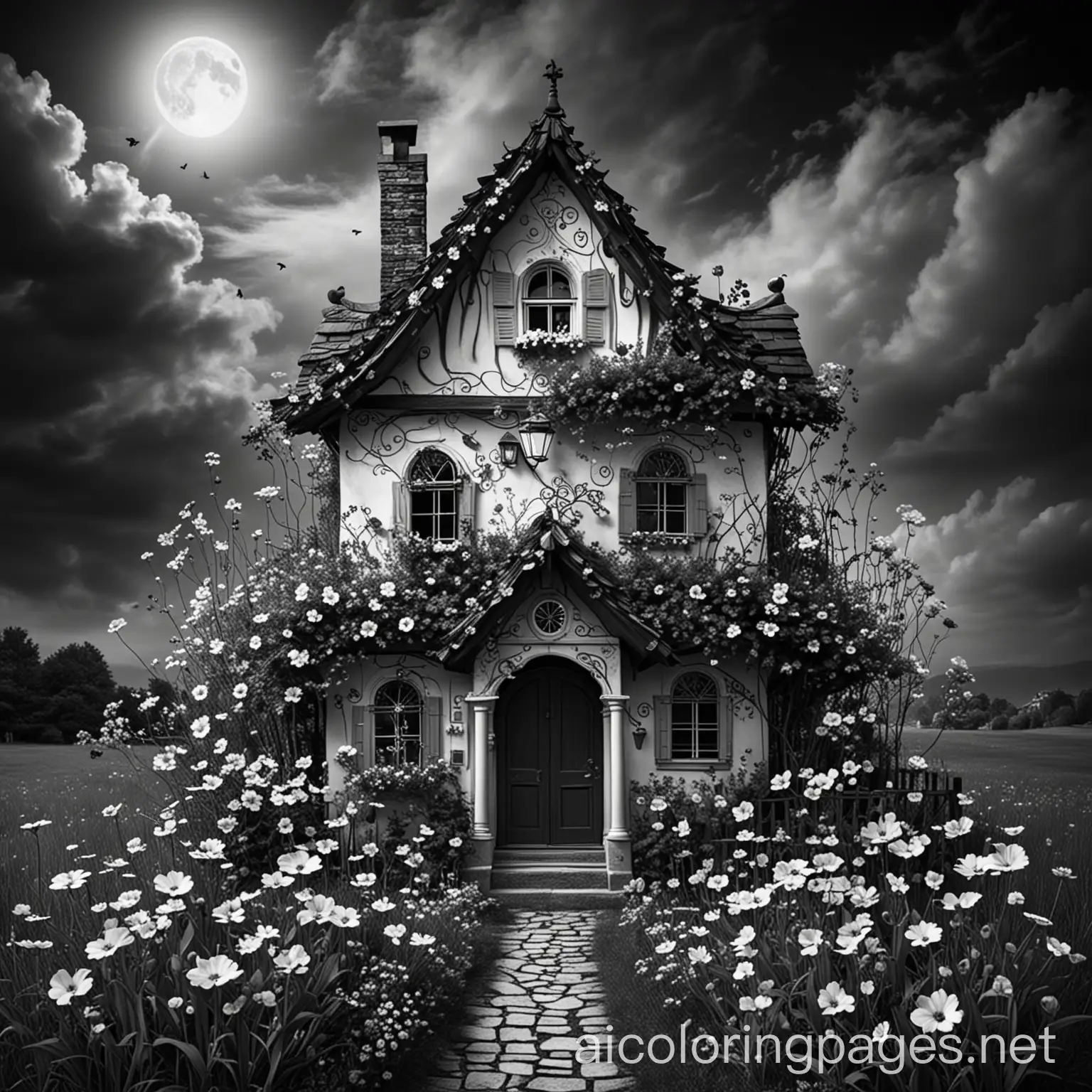 Mysterious-Black-and-White-House-with-Flowers-Enchanting-Fantasy-Scene-for-Children