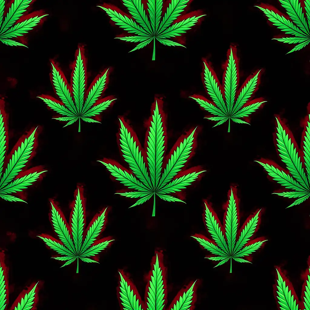 A seamless pattern of vibrant green cannabis plants and red marijuana leaves on a dark black background. The design is bold, detailed, and high-contrast, creating a striking and stylish aesthetic. oil and neon