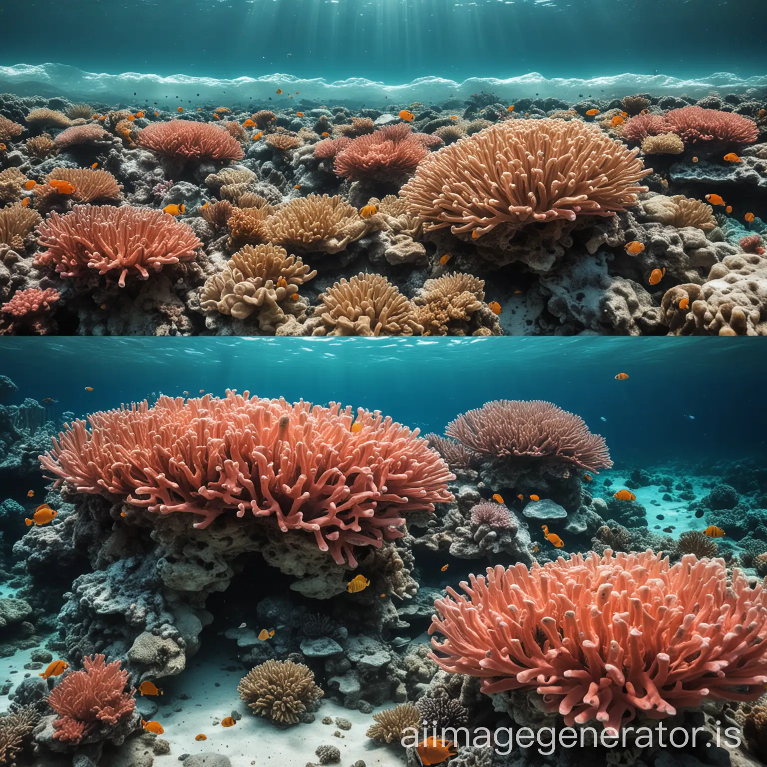 Create 4 surreal, conceptual images comparing Airbnb's business model to coral reef ecosystems. Use a vibrant color palette blending ocean blues with Airbnb's brand colors.nnImage 1 (Similarities):nnDiversity: Split scene - half coral reef, half city skyline. Various coral species morph into different Airbnb accommodations.nInterconnectedness: Fish swimming between coral/buildings, representing guests moving between listings.nAdaptation: Coral polyps extending and retracting, mirroring Airbnb's pricing algorithm adjusting to demand.nnImage 2 (Differences):nnOrigin: Left side shows natural coral growth; right side displays a digital interface 'growing' Airbnb listings.nResource Use: Coral feeding on organic matter vs. Airbnb profiting from digital transactions.nLifespan: Ancient coral formations juxtaposed with modern, rapidly changing cityscapes.nnImage 3 (Similarity):nSymbiosis: Clownfish in anemone morphing into guests in Airbnb homes, with mutual benefits highlighted.nnImage 4 (Difference):nRegulation: Natural reef self-regulation vs. Airbnb's algorithmic control and human moderation.nnBlend organic and digital elements in each image for a thought-provoking, visually striking result.