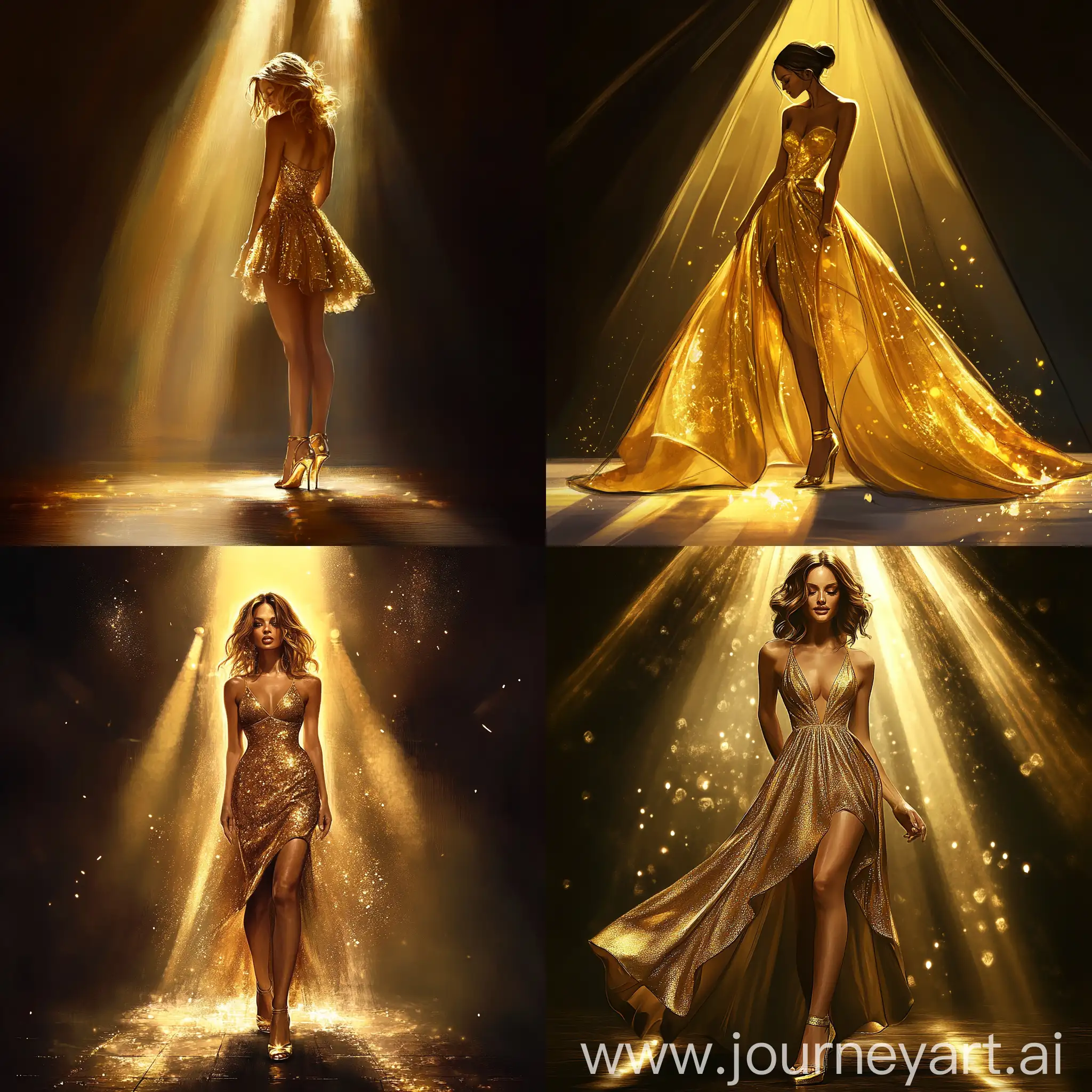 Elegant-Woman-in-Golden-Dress-Standing-in-Spotlight