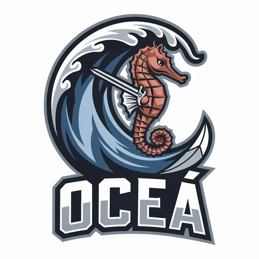 LOGO Design for Oce Fitness Seahorse Warrior Riding Waves in Dynamic Blue and White