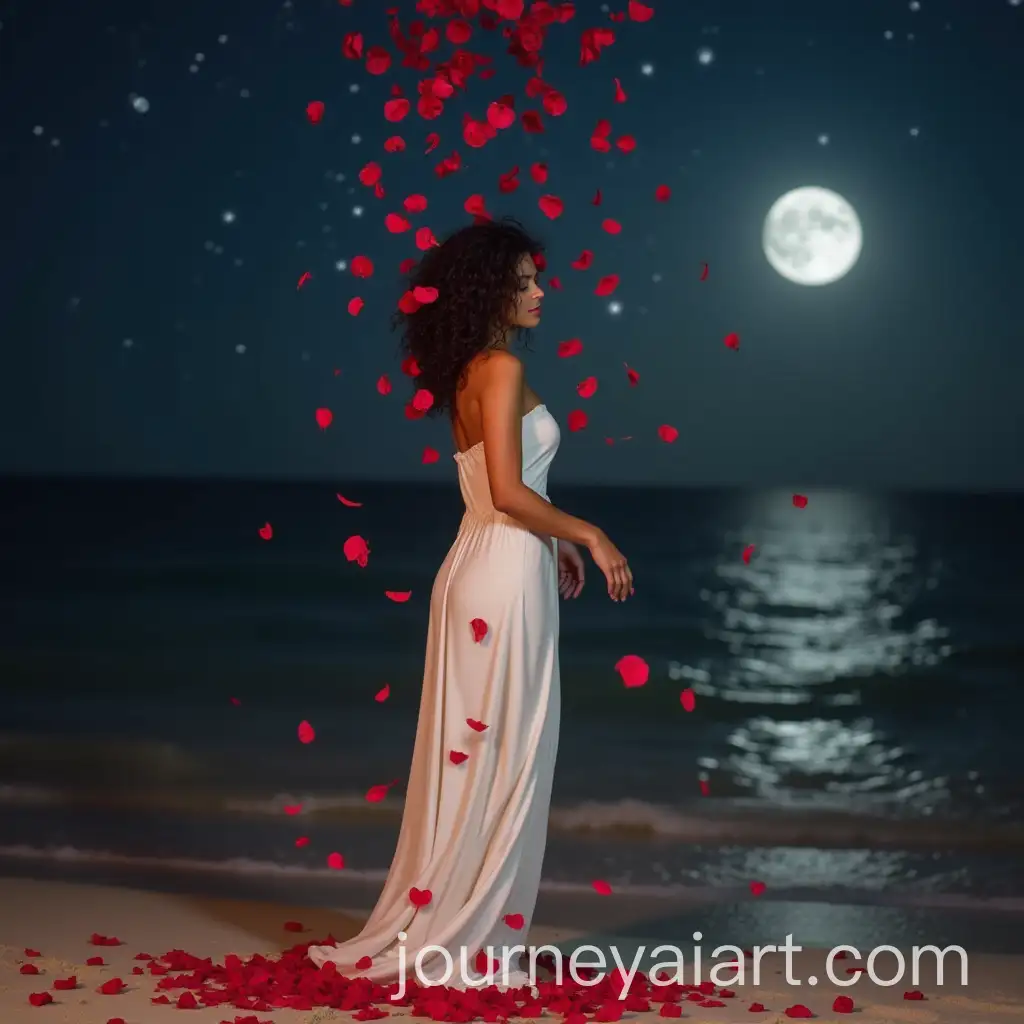 Woman-in-White-Silk-Dress-Surrounded-by-Falling-Rose-Petals-on-a-Moonlit-Beach