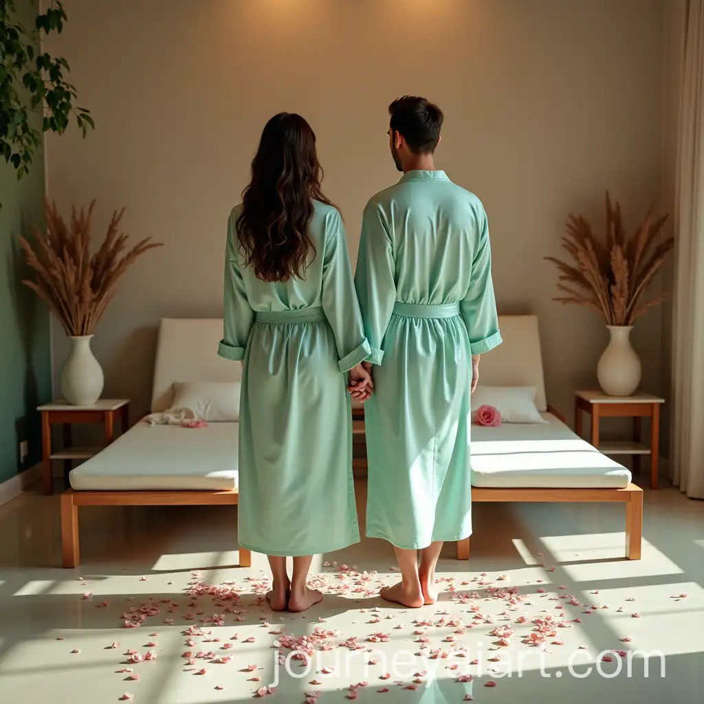 Couple-in-Matching-Mint-Robes-Relaxing-at-Spa-on-Valentines-Day