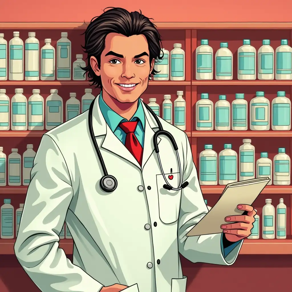 pharmacist in pop art style drugstore