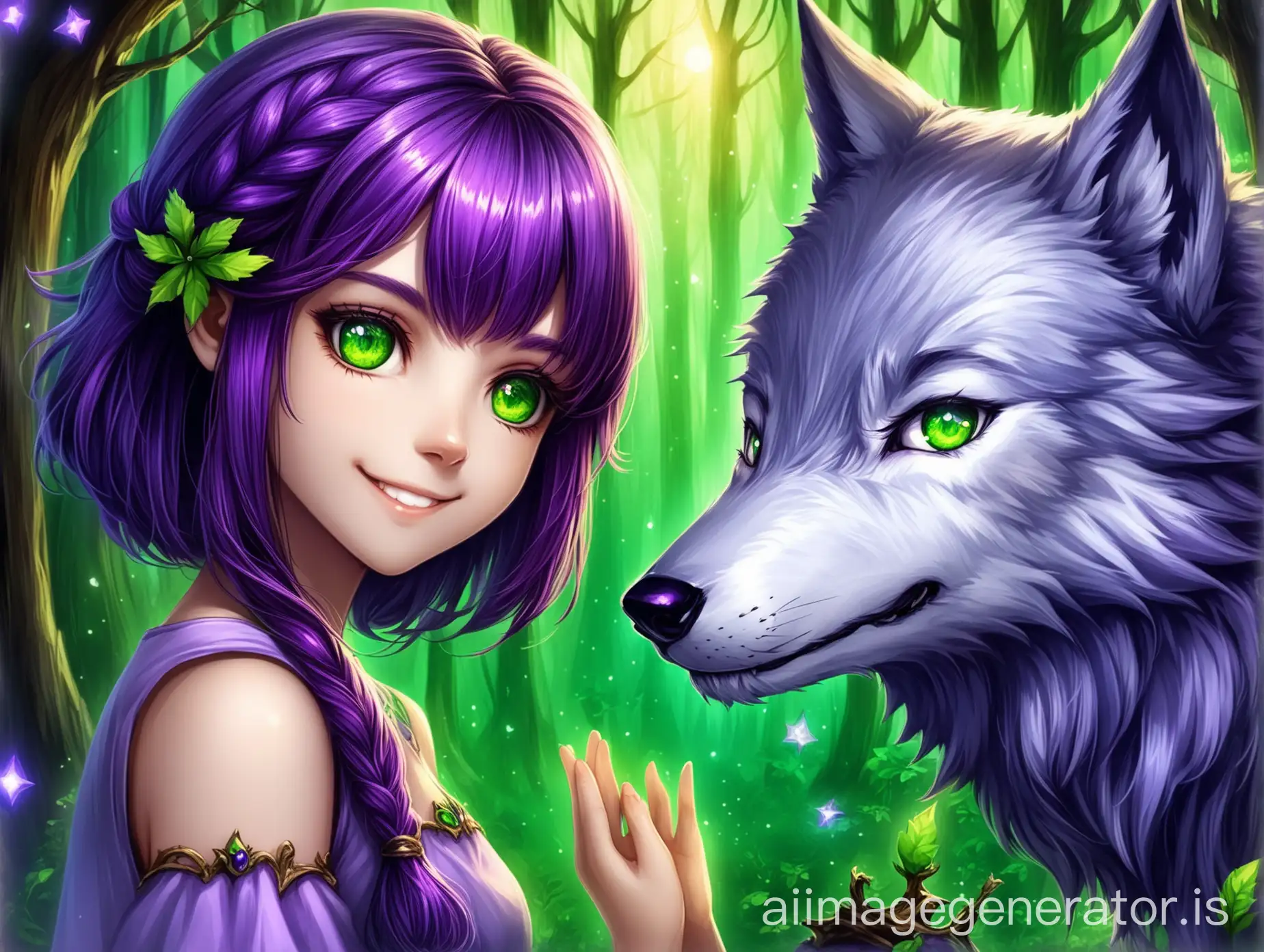 Smiling-Girl-with-Purple-and-Green-Hair-and-Wolf-in-Enchanted-Forest