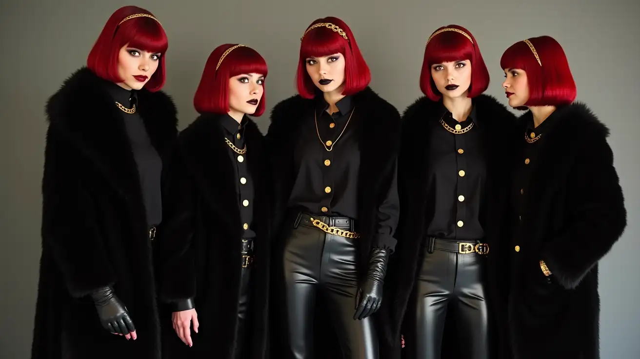 group of women in long black fur coat, red bowl haircut with golden headband, heavy black make up on the face, black blouse with golden buttons, gold chain neck collar, black leather gloves, black leather shiny pants with gold belt, thigh high black leather shiny platform boots, black leather purse with golden ornamentsngroup of young daughters in long black fur coat, red bowl haircut with golden headband, heavy black make up on the face, black blouse with golden buttons, gold chain neck collar, black leather gloves, black leather shiny pants with gold belt, thigh high black leather shiny platform boots, black leather purse with golden ornaments