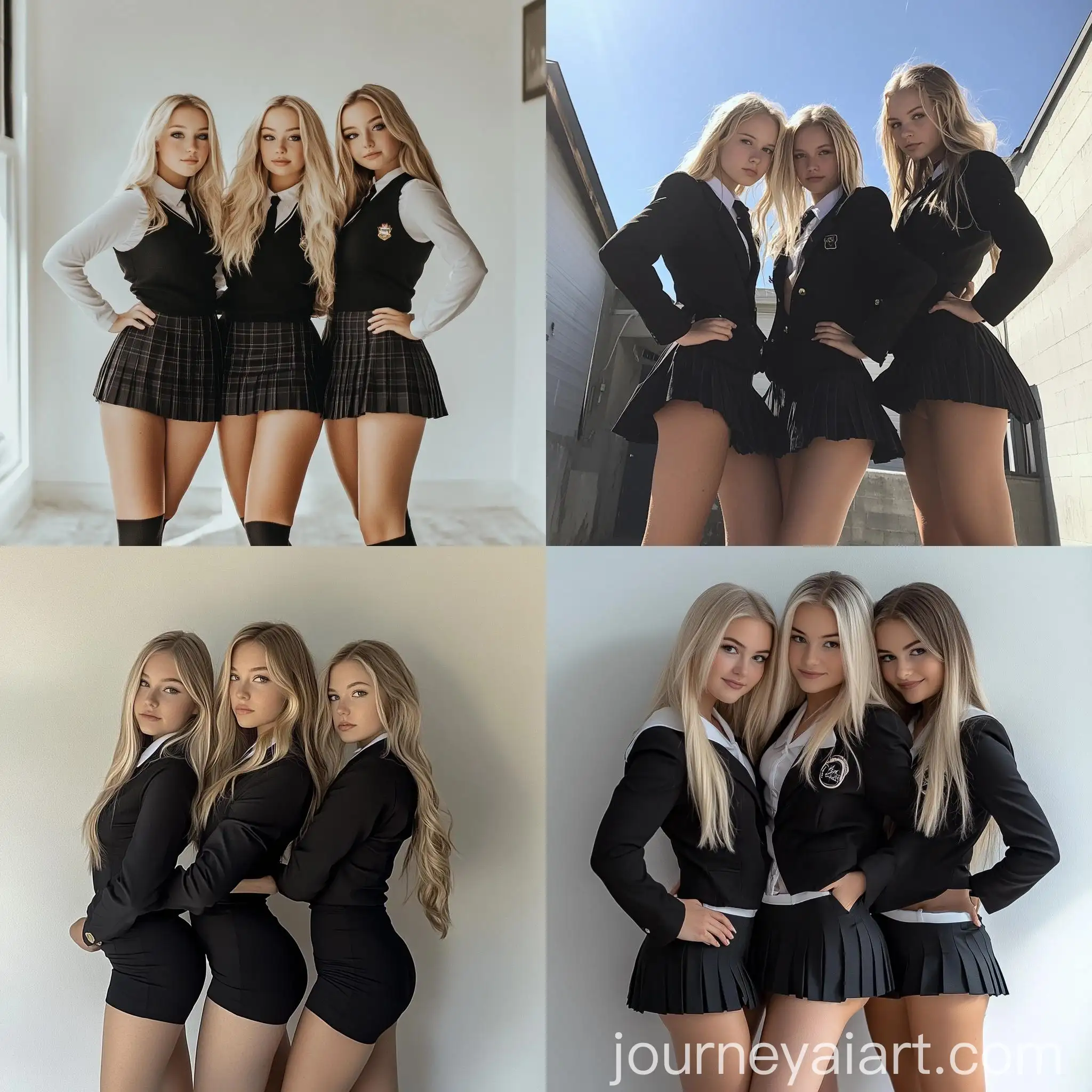 Three-Blonde-Women-in-School-Girl-Uniforms-Posing-at-Photography-Studio
