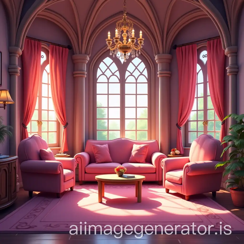 generate an image of animation style interior of a princess's living room in an enchanted castle