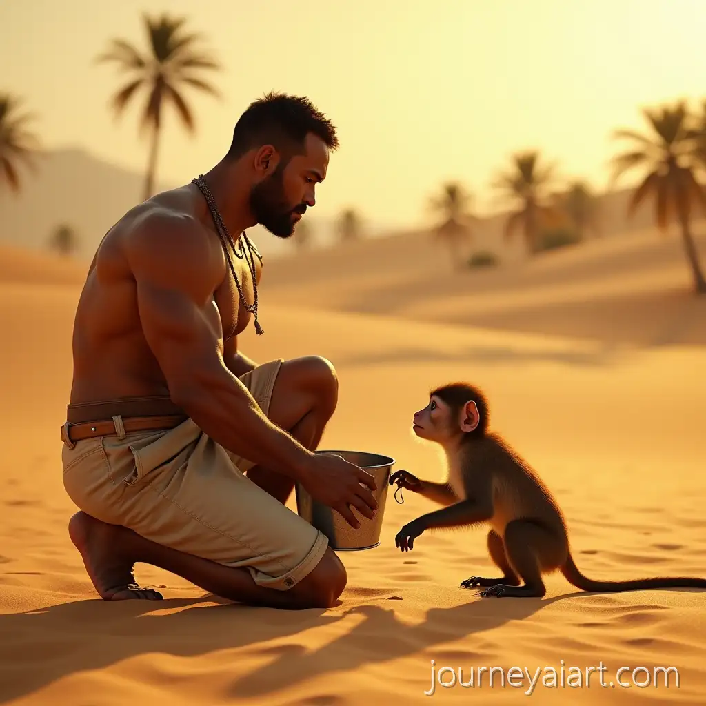 Muscular-Farmer-and-Monkey-Sharing-Water-in-a-Desert-at-Golden-Hour