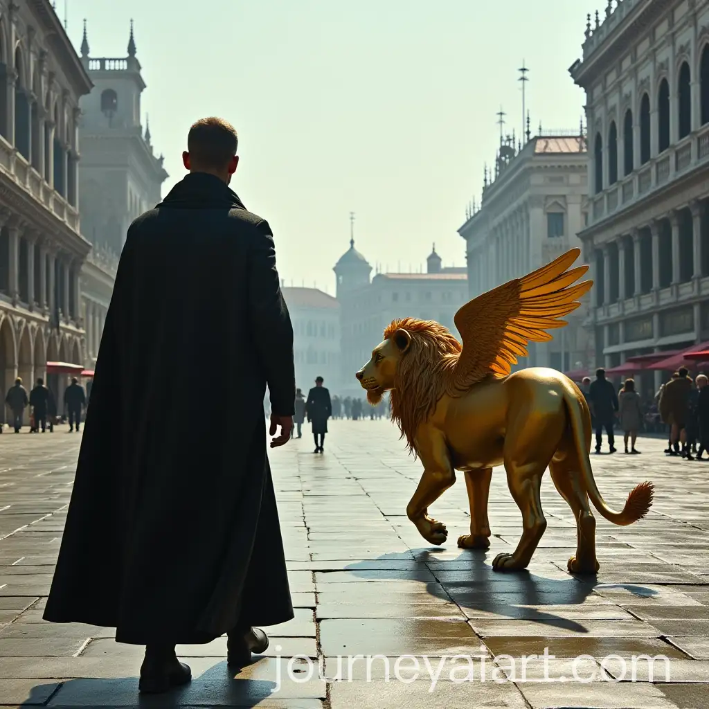 Man-in-Black-Cloak-and-Golden-Winged-Lion-Walking-Towards-Lagoon-in-Venice-St-Marks-Square