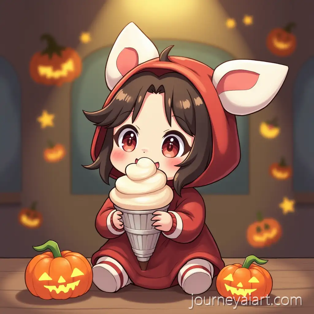 Mono-in-Halloween-Costume-Enjoying-Soft-Serve-Ice-Cream-with-Decorations