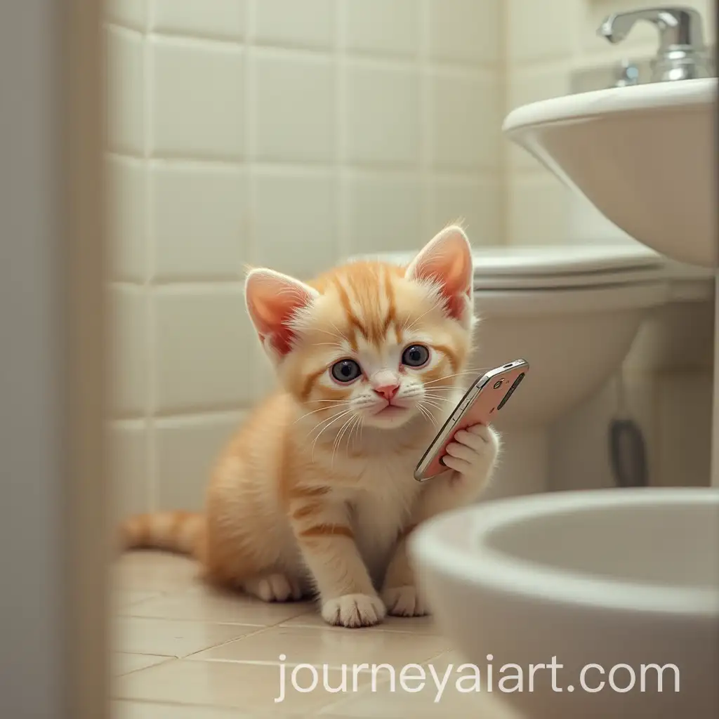 Curious-Kitten-Exploring-the-Bathroom-with-a-Mobile-Phone