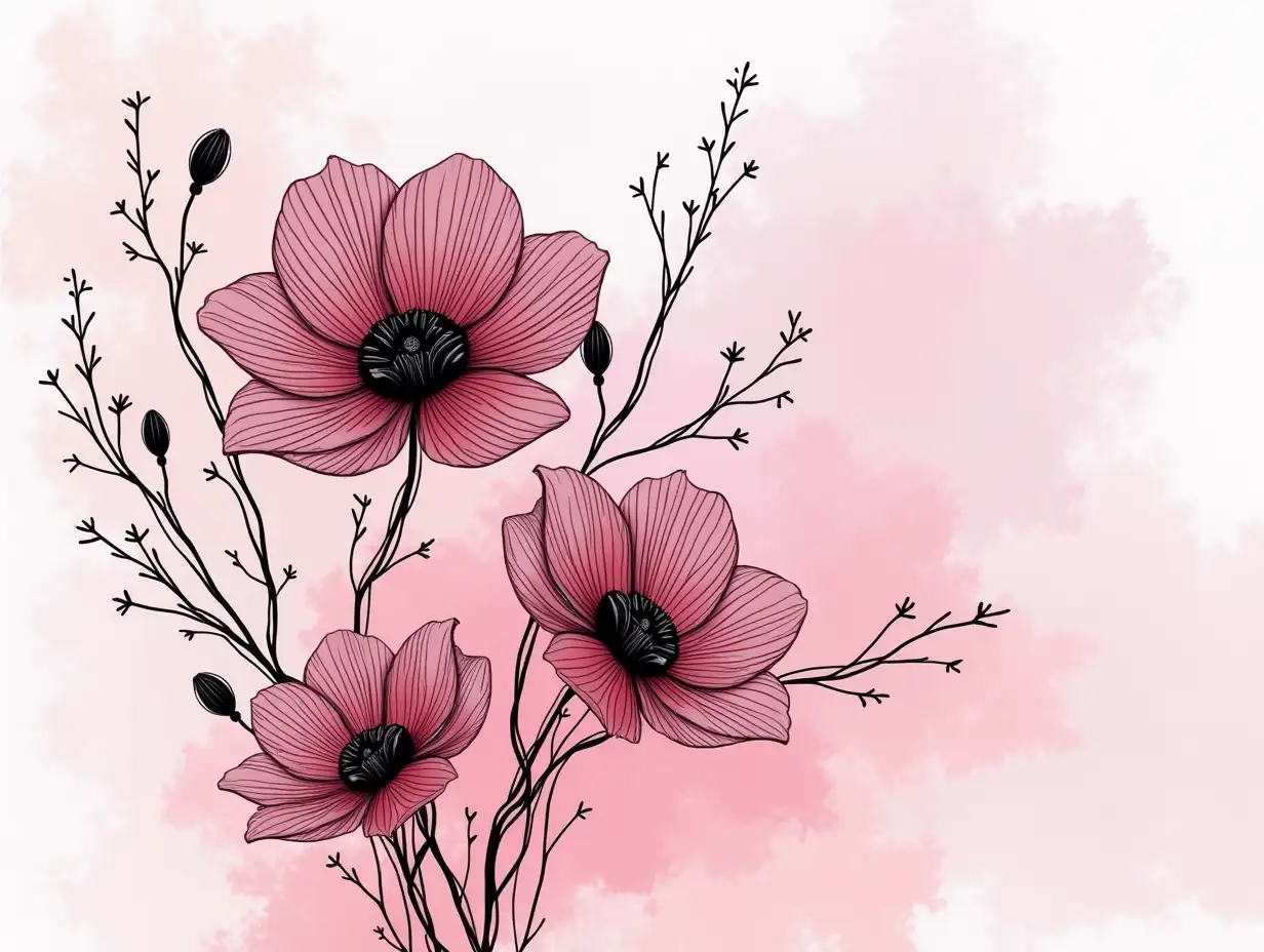 Create an image featuring a delicate and artistic floral design. The image should showcase three large, intricately detailed flowers with black petals and pink centers. Surrounding the flowers, include fine, black branches with small black buds. The background should have a watercolor effect with shades of pink and red, blending seamlessly to create a soft and elegant atmosphere. The overall style should be digital art with a focus on fine lines and a harmonious color palette. NEON ART, seamless design