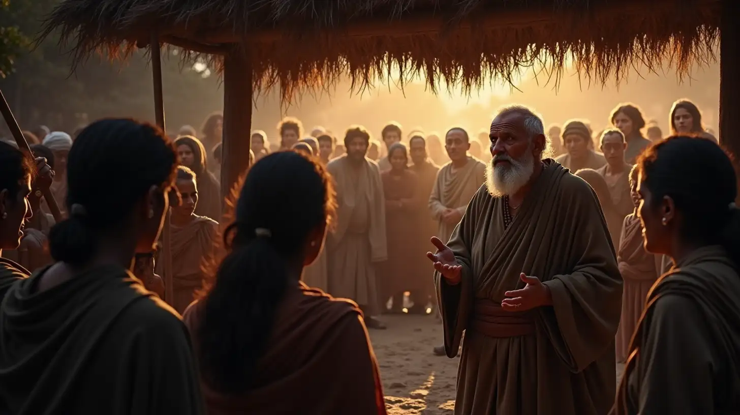 Villagers Listening to the Elder Amidst Tension and Anticipation