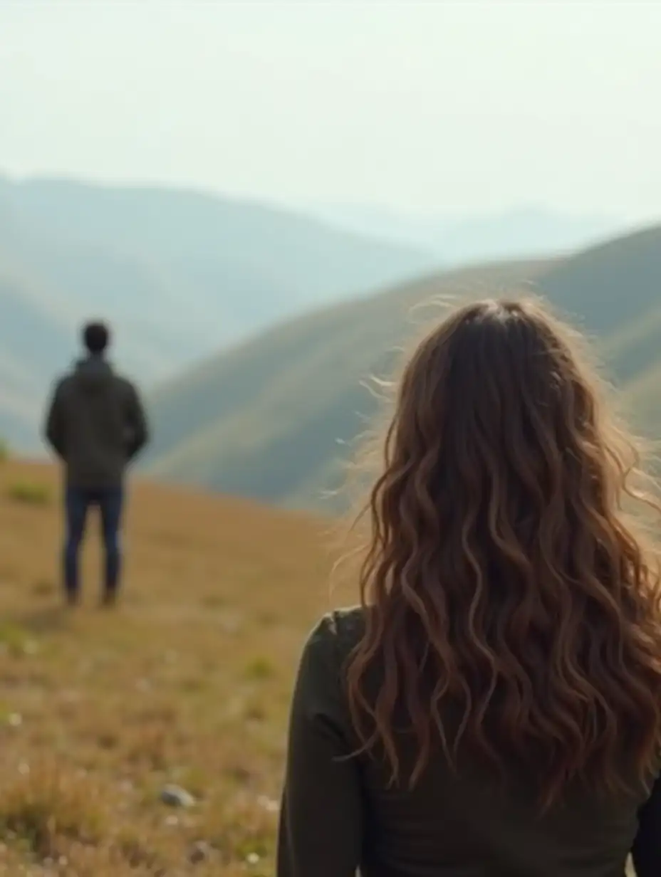 A photograph of a woman watching a man from a distance, in a field or hills