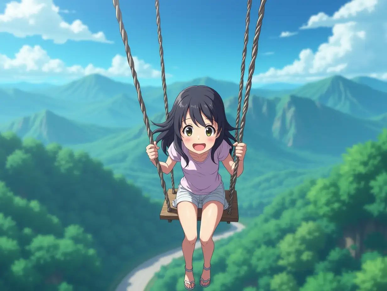 An anime scene of a woman happily swinging while sitting on a long swing on a mountain, overhead shot. Close-up front portrait