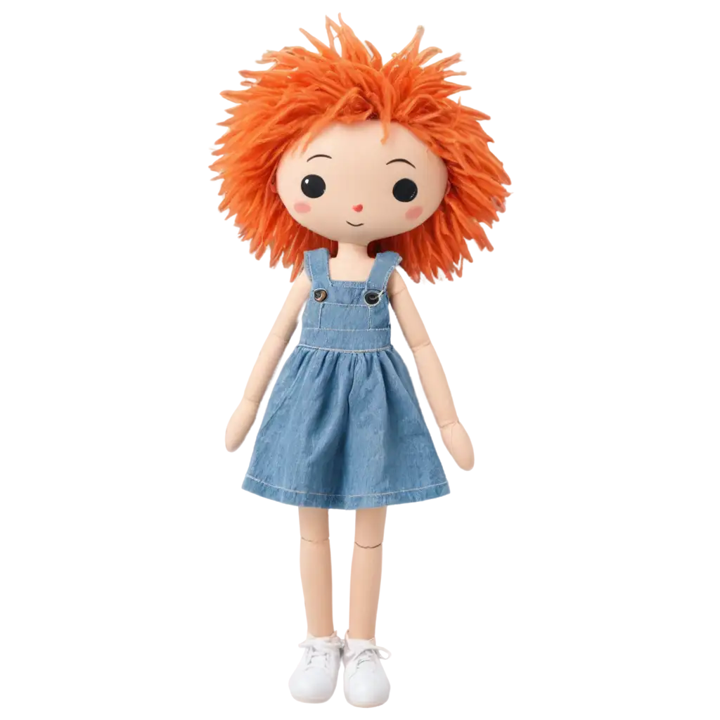 cloth doll with orange wool hair with sundress jeans button eyes and white shoes