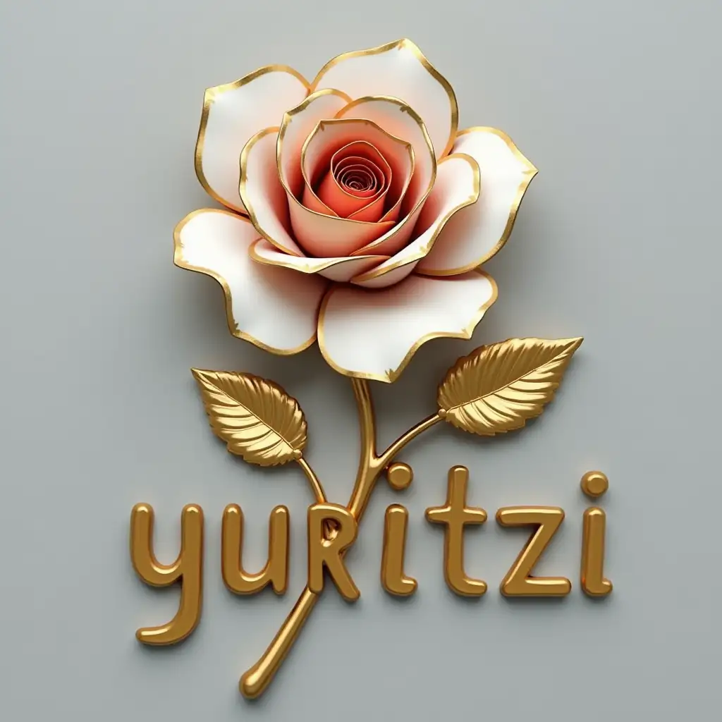 A photo of a golden metal rose with white petals edged in gold. The rose has a red center and is slightly inclined over the name 'yuritzi' in a polished gold font. The leaves of the rose are also made of gold metal. The background is a pristine gray.