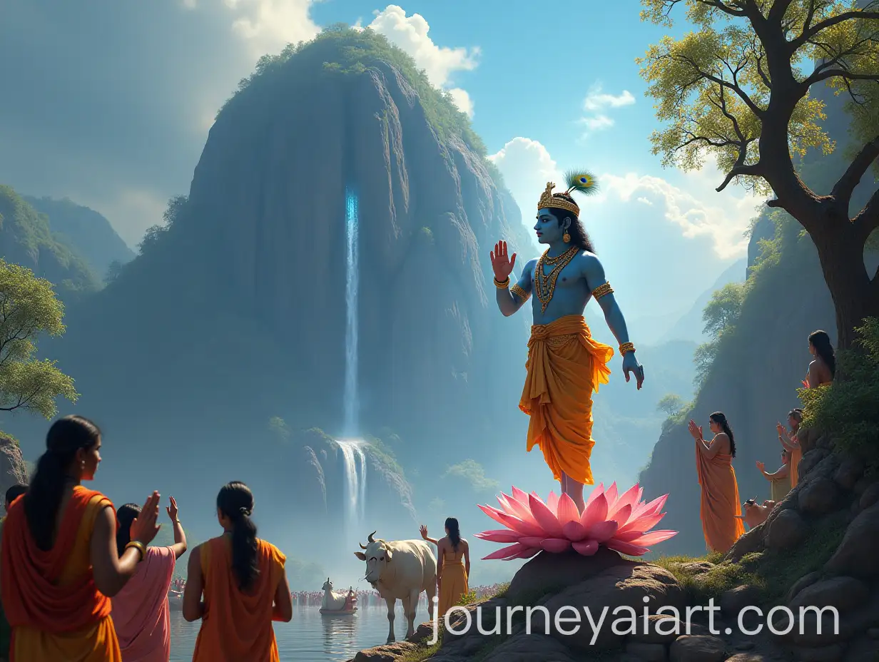 Lord-Krishna-Lifting-GovardAI-Art-Prompt-Expansionhan-Mountain-in-Divine-Scene-with-Vrindavan-Devotees