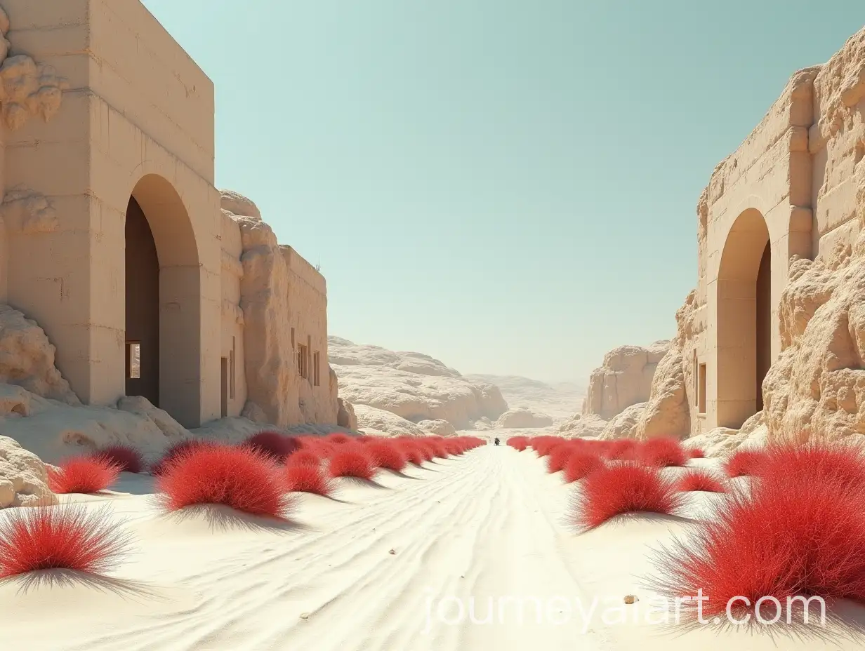 Alien-Desert-Planet-with-Red-Plants-and-Brutalist-Architecture