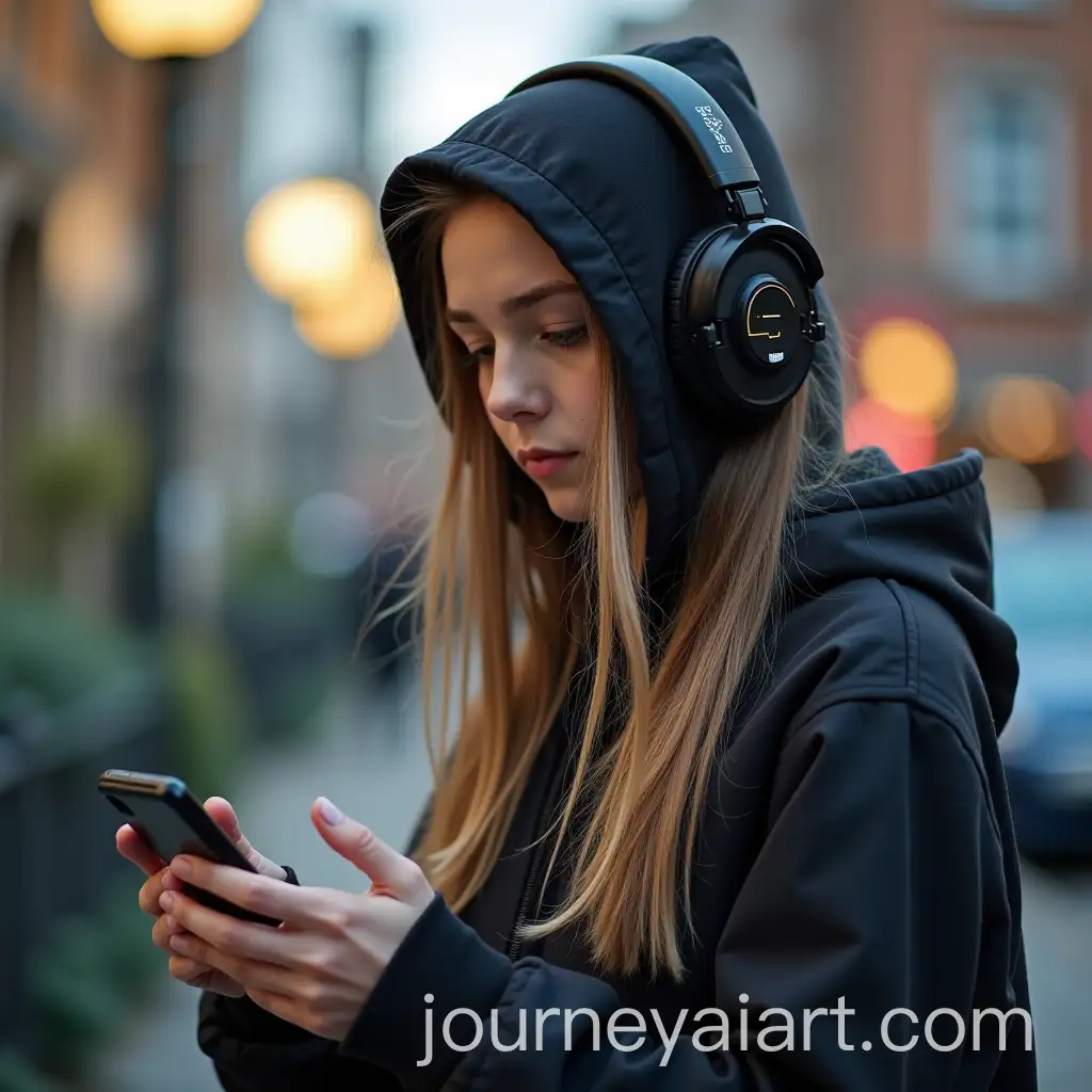 Teenage-Girl-Wearing-Hoodie-and-Headphones-Enjoying-Music-on-Her-Mobile-Phone