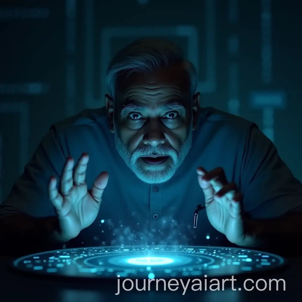 Indian-Prime-Minister-Narendra-Modi-Staring-at-Grok-AI-Interface-in-a-Tense-Futuristic-Scene