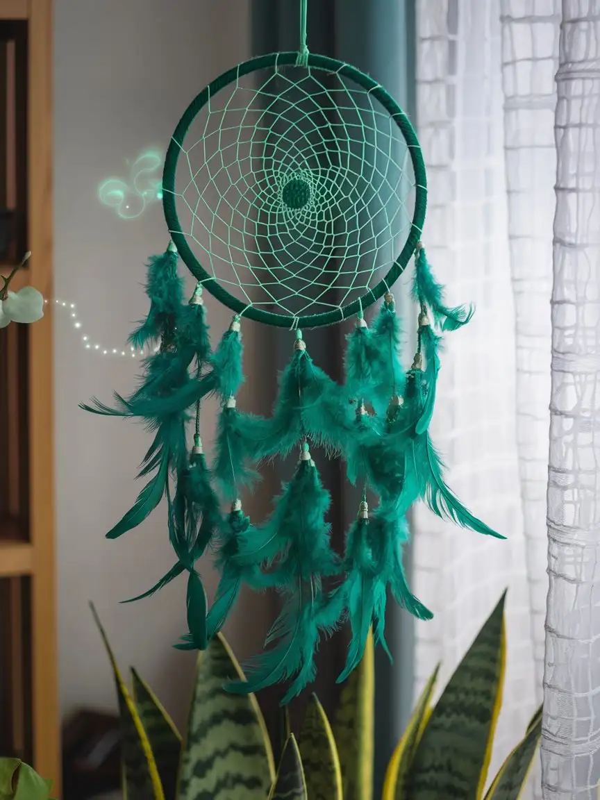 A dreamcatcher with green feathers and a soothing aura.