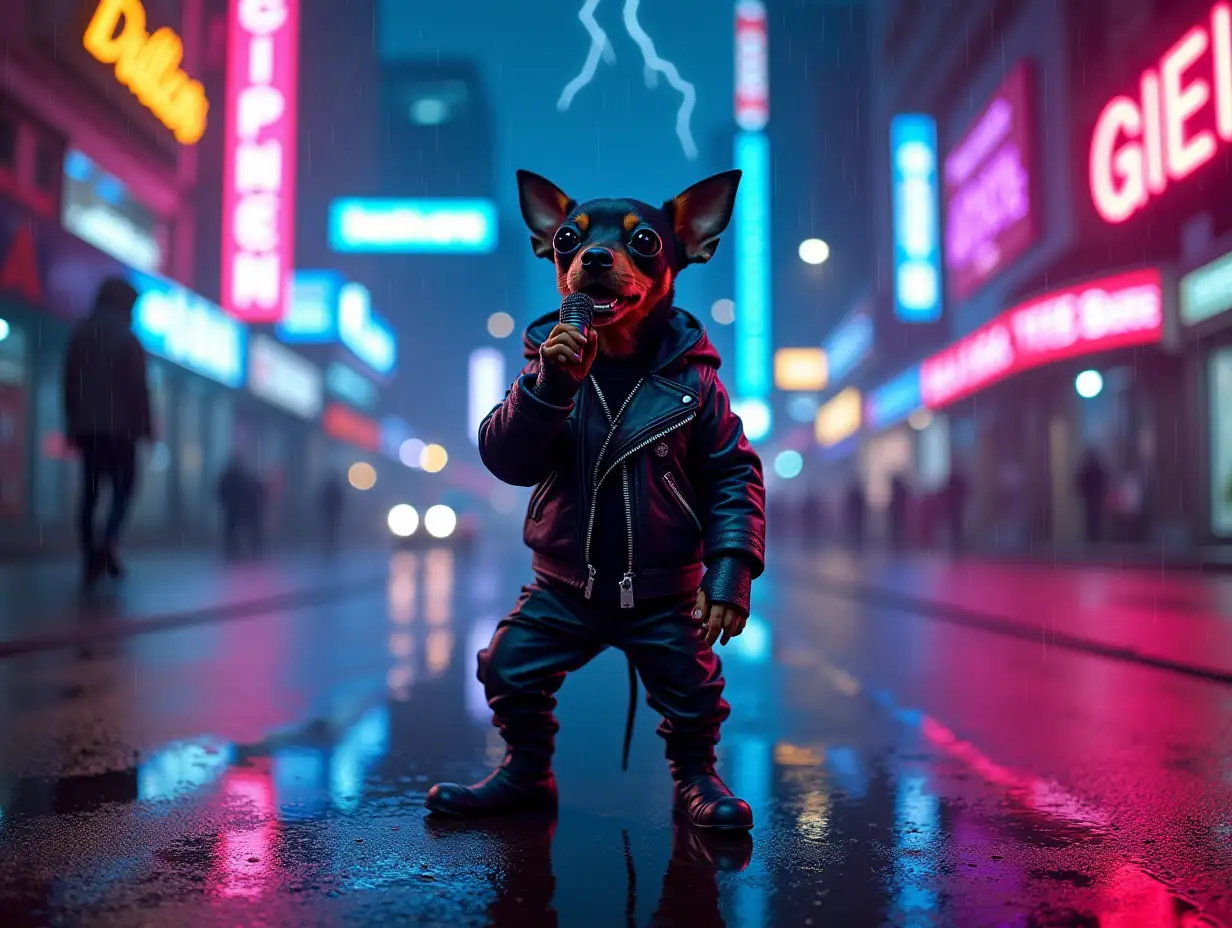A stylish black and red miniature pinscher in a futuristic leather jacket and leather trousers, singing passionately into a neon microphone he holds in his paws and standing full-length on a rainy cyberpunk street at night. Neon signs with inscriptions in English are reflected in puddles, cars fly by in the sky, it's raining heavily. The dog moves dynamically - stomping his paw dressed in beautiful shoes, nodding his head slightly and swaying as he sings. The camera slowly circles round him with a light zoom and rain effects on the lens. Lightning flashes in the distance. The scene is dominated by bright colours: electric blue, pink and purple.