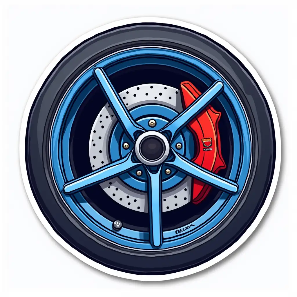 It is necessary to draw a sticker. Colors to be used: Blue, red, white. What should be depicted: A car wheel, with a brake disk