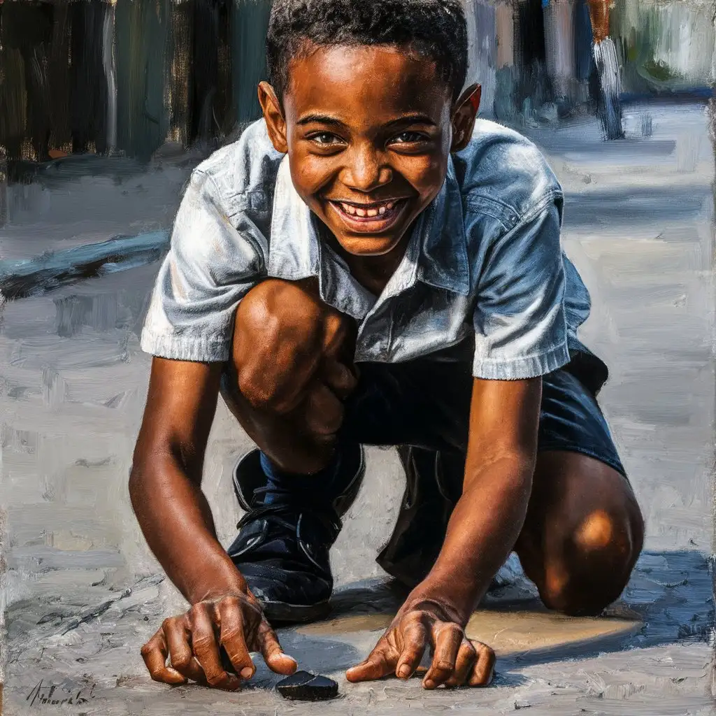 African American Boy Smiling Picking Black Chip from Street