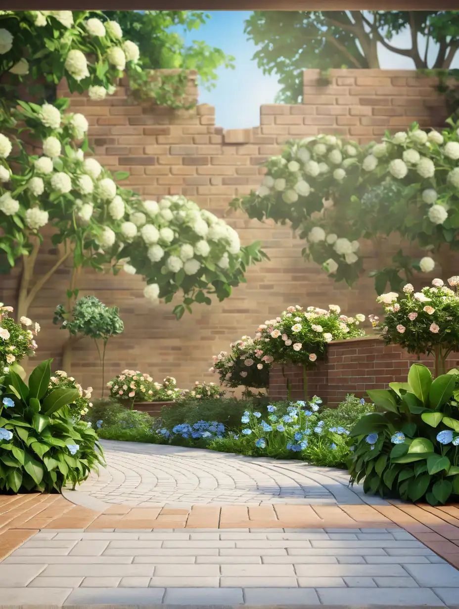 Summer Garden Path with Brick Wall in Distance