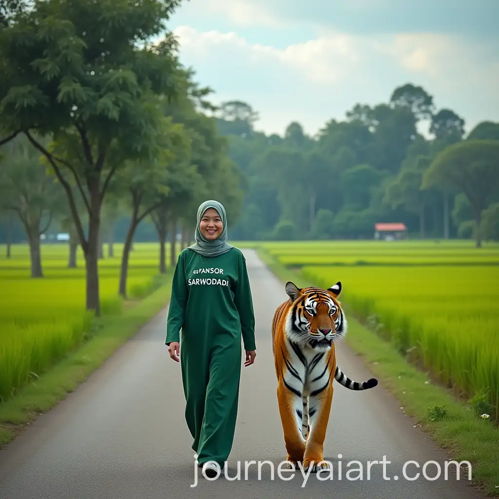 Indonesian-Woman-in-Hijab-Walking-Along-a-Serene-Countryside-Road-with-a-Tiger