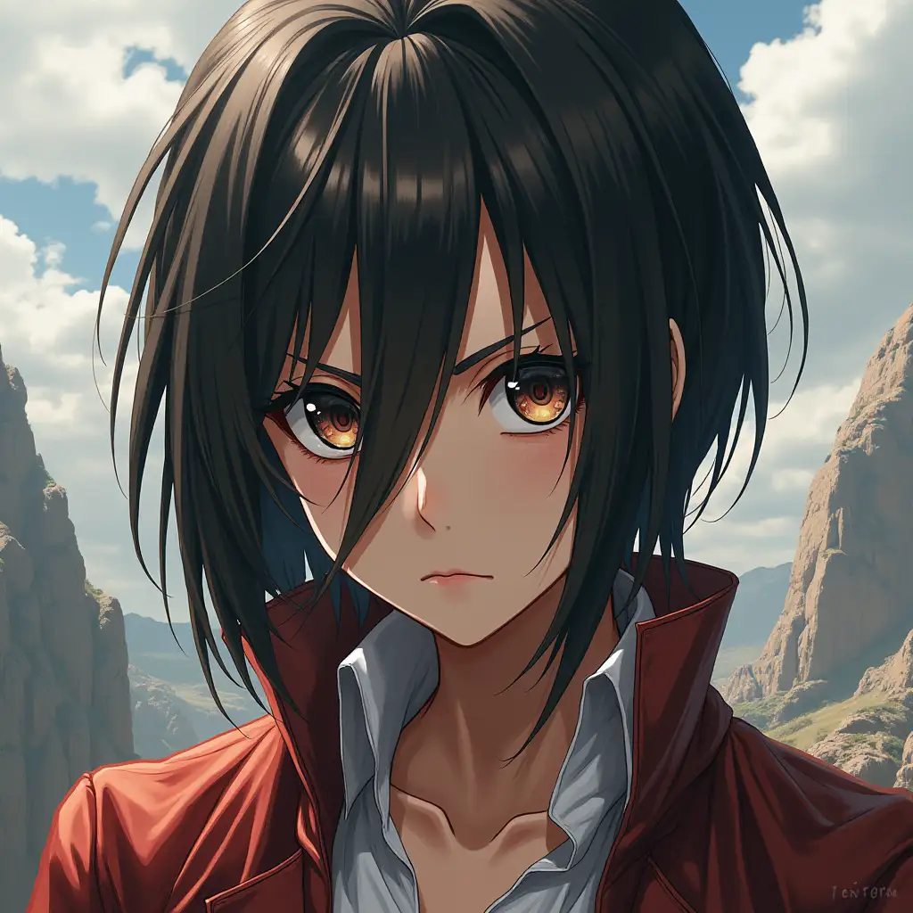 Ultra detailed hyperrealistic portrait of a 20 meter tall titan and a photorealistic Attack on Titan, Mikasa