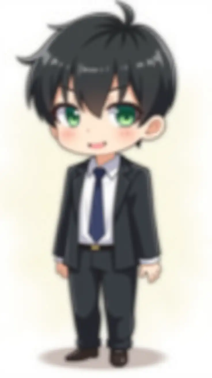 A chibi-style anime character, with short black hair, emerald green eyes, and a charming smile. He wears a formal black suit, white shirt, and a navy blue tie, with his sleeves slightly scrunched up. The character has a cute, small body with oversized head proportions typical of the chibi style. He stands confidently with his hands resting at his sides. The background is minimal, featuring soft, light colors, allowing the character to be the focal point. Anime Drawing Style, Chibi