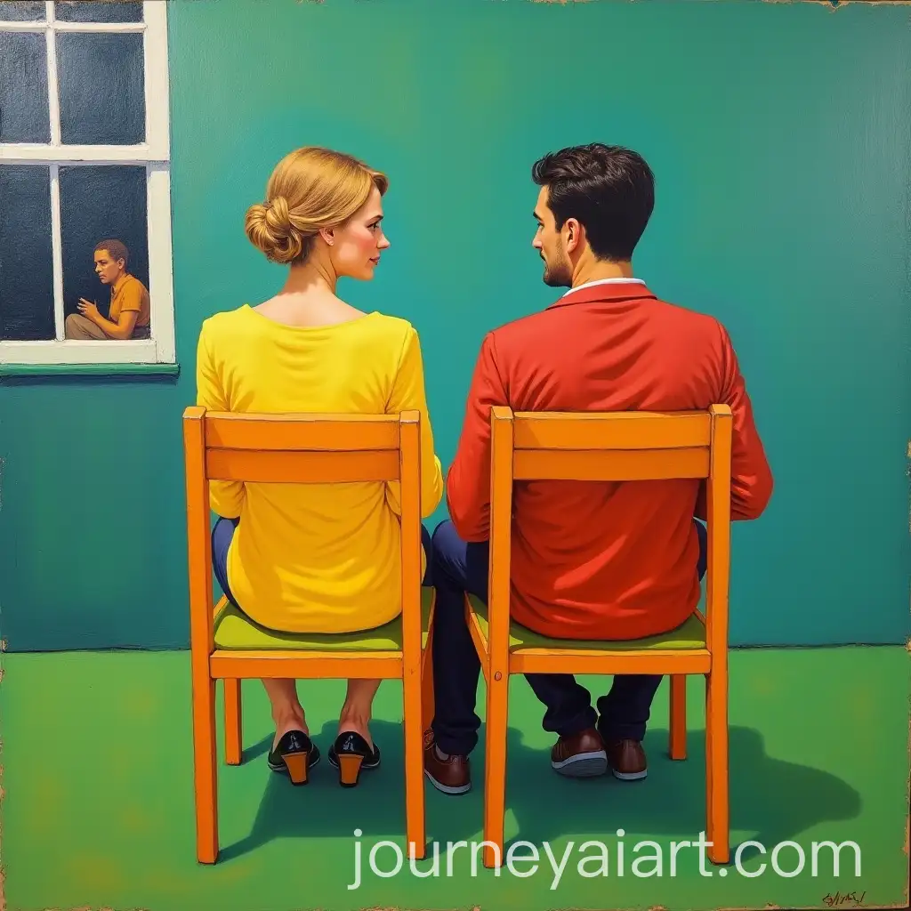 Couple-Sitting-in-Brightly-Colored-Abstract-Painting-with-Window-and-Distant-Figure