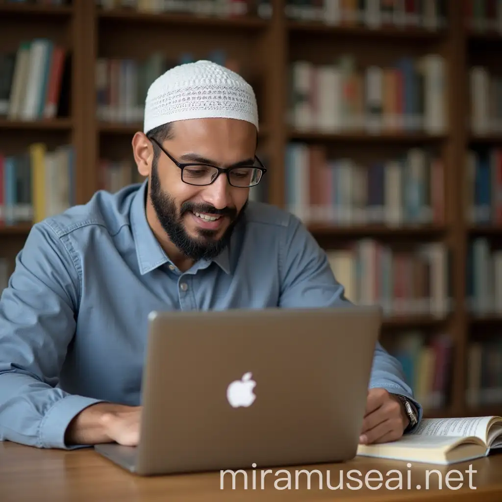 Inspirational Muslim Arabic Educator Guiding Students Online in a Library Setting