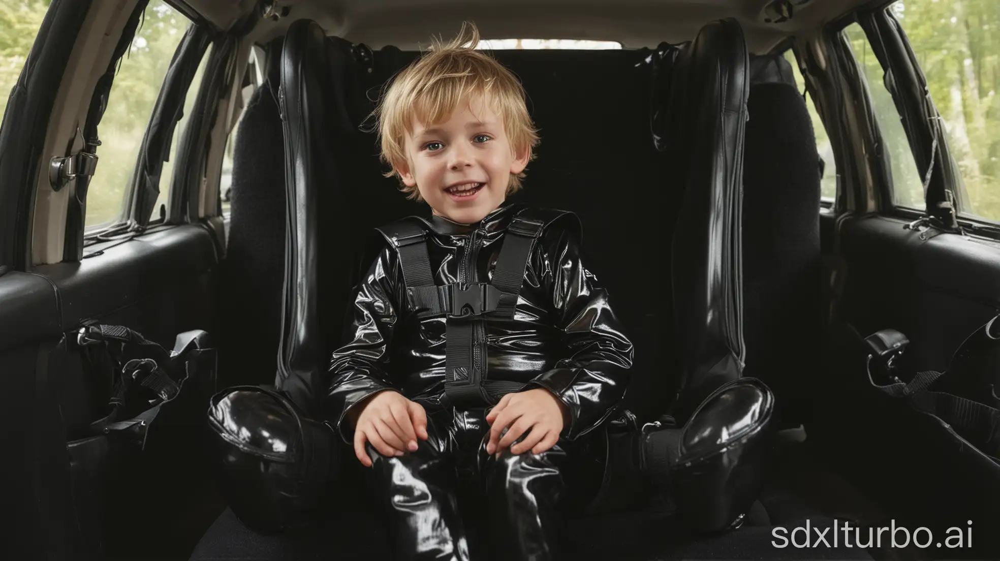 Joyful-EightYearOld-Boy-in-Black-Latex-Onesie-in-Car-Safety-Seat