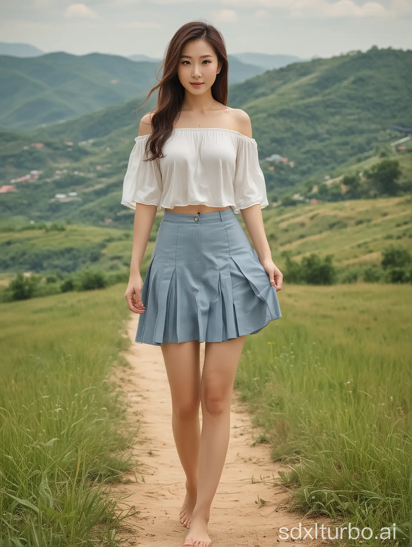 32 plano year old Chinese lady, 173 centimeters in height, 68 kilograms in weight, delicate and beautiful features, fair and smooth skin, tall and slender figure, well-defined curves, a hint of abs, perfect hourglass figure, ideal body proportions (golden ratio), light brown hair to shoulder length, loose waves, fitted white top and knee-length blue skirt, walking barefoot. Surroundings: rolling hills with grasslands and some trees, cloudy sky