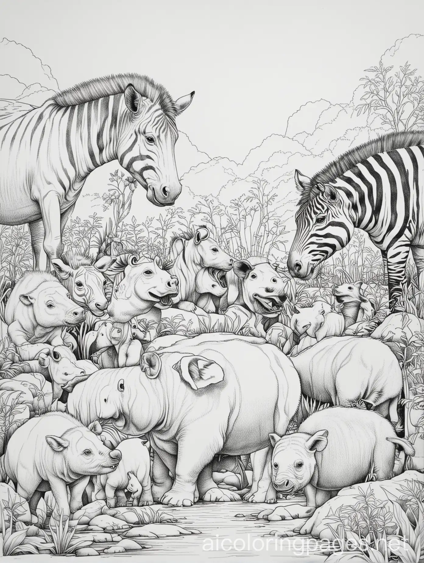 Animals-Playing-Together-in-Black-and-White-Coloring-Page