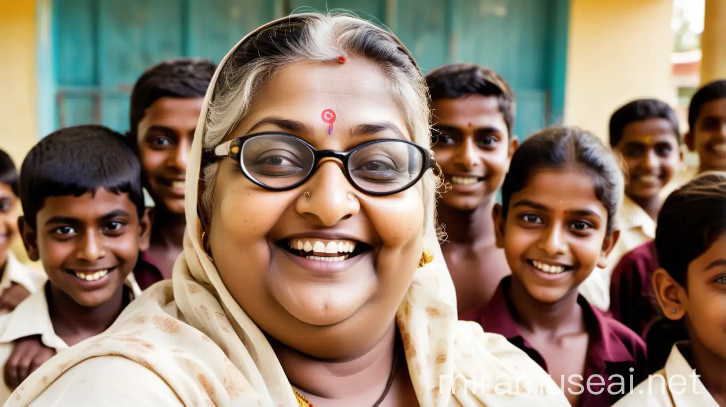 Happy Indian Mature Woman with Students in Background