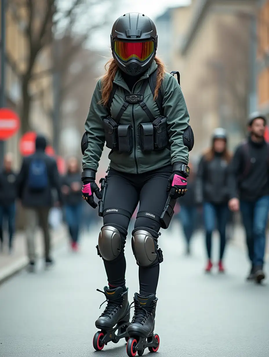 a 17 year old airsoft geared woman at a distance, she is skating on a street, holding a weapon, ordinary people in background, clothes have racing colors, she is wearing lots of functional sportswear, cycling gloves, airsoft helmet with transparent visor over eyes, smartwatch, thick plastic knee pads, modern inline skates with complete organized wheels